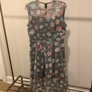 Grey & Floral Sheer Tea Dress Black Lining High Neck Sleeveless